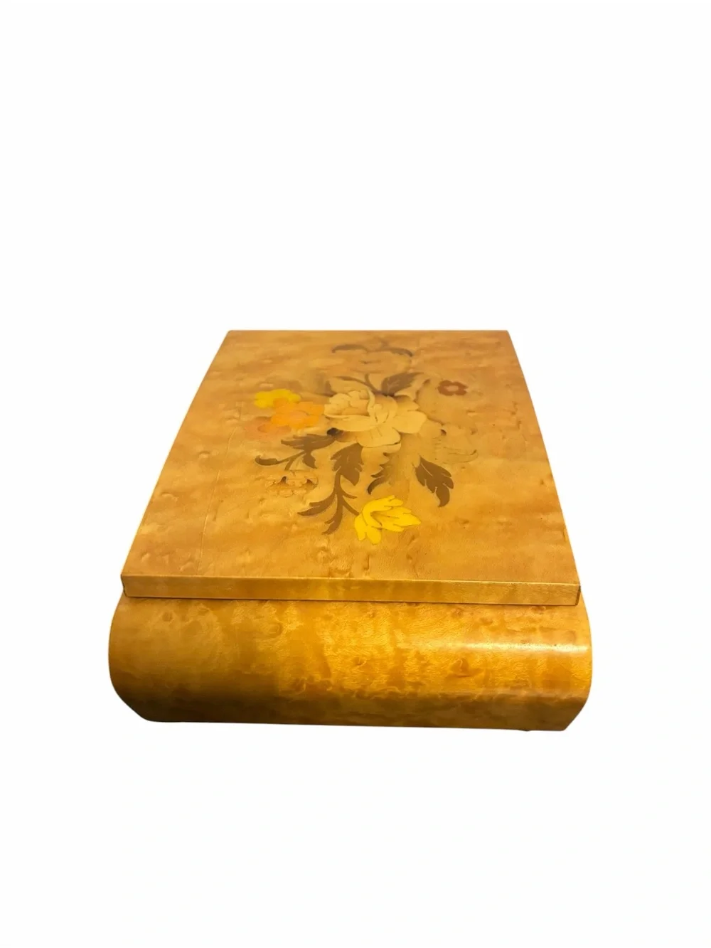 Reuge Swiss Musical Movement Jewelry Box Edelweiss Birds Eye Maple Inlay Italy